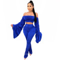 Popular Sexy off Shoulder Women Clothing Puff Sleeve Stacked Pants Two Piece Set